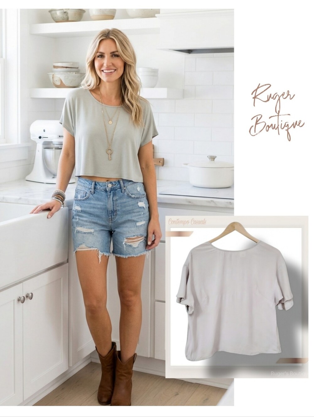 🌿Contempo Casuals Women's Small Light Gray Flutter Sleeve Top